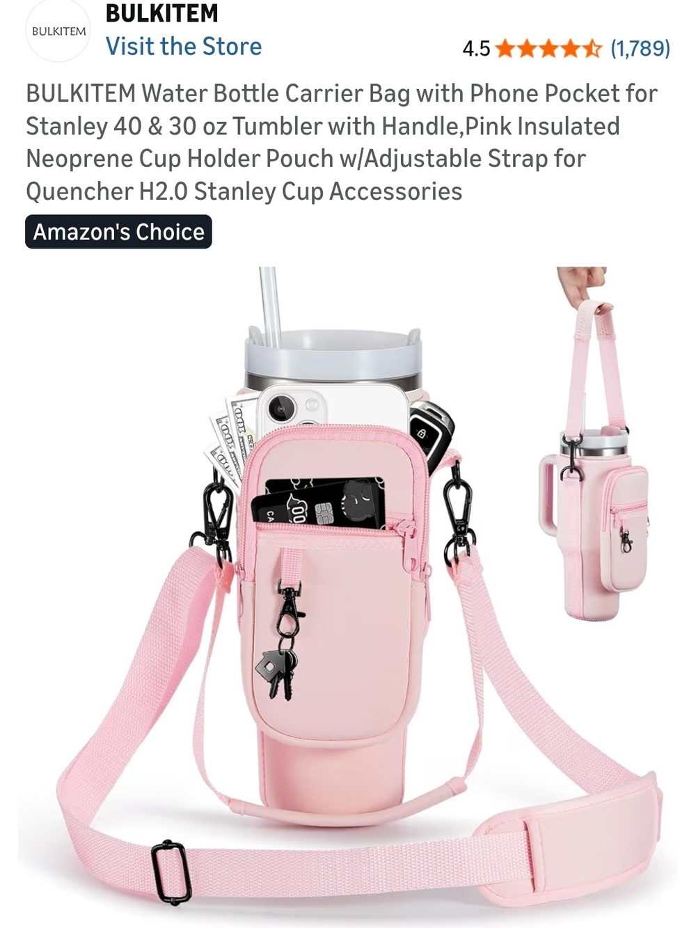 Pink Insulated Neoprene Bottle Carrier with Phone Pocket